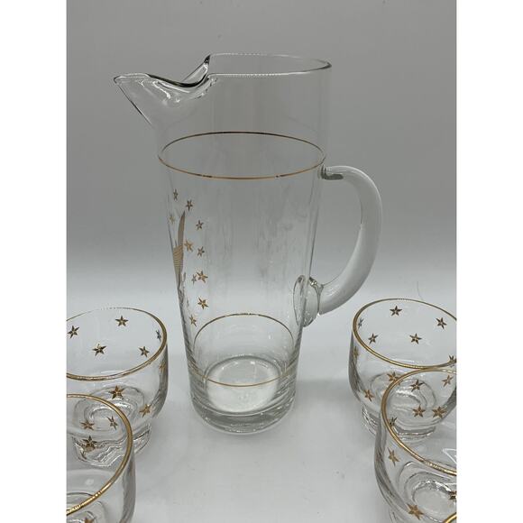Vintage MCM Americana Cocktail Set 1 Qt Pitcher 6 - 6 Oz Glasses USA Eagle Stars - Picture 3 of 5
